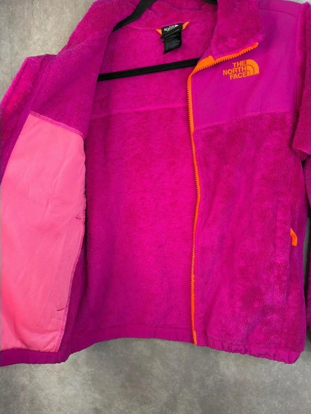 The North Face Plush Fleece Jacket in Hot Pink with Orange Trim